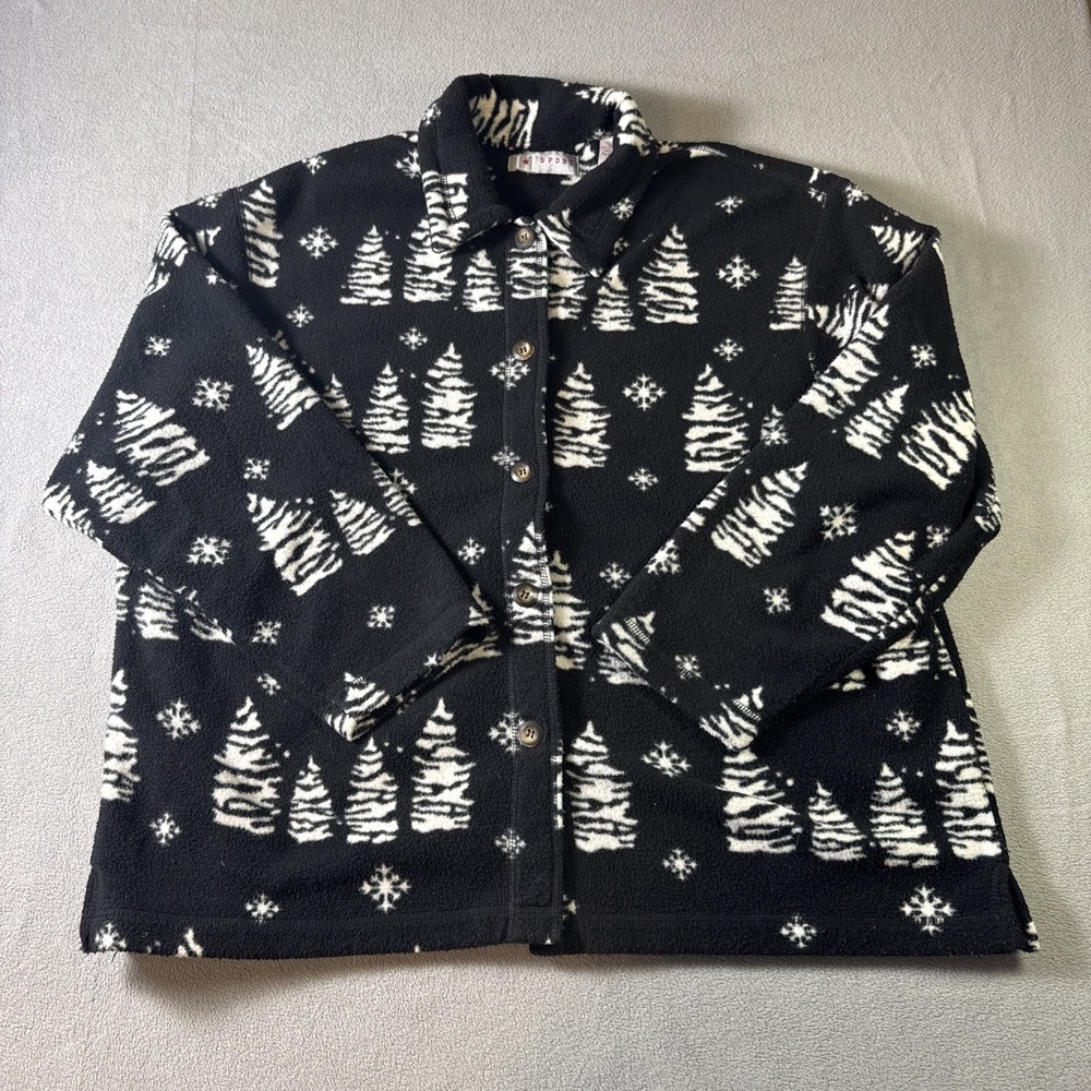 LT Sport Woman Vintage Fleece Button up Sweater Pine Trees Snowflakes 1X